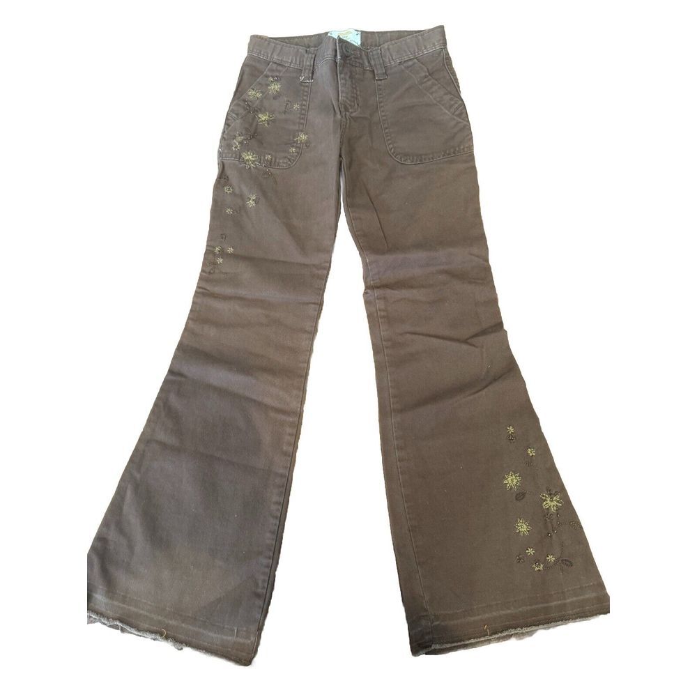 Girls Vintage Gap Y2K Flare‎ Leg Jeans Brown 7 Embroidered Floral